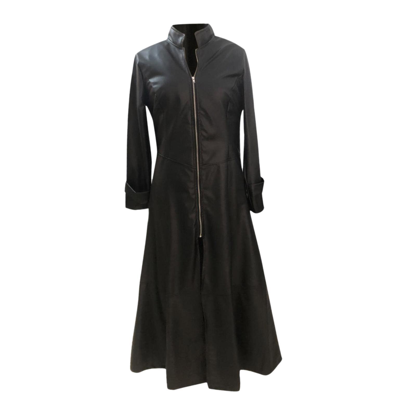 Long coat dress jacket women winter pu leather S Black