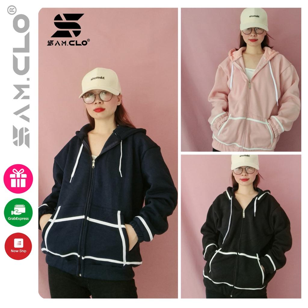 Áo khoác nỉ SAM CLO có mũ khóa kéo freesize nữ dáng unisex CÓ BO VIỀN TRẮNG