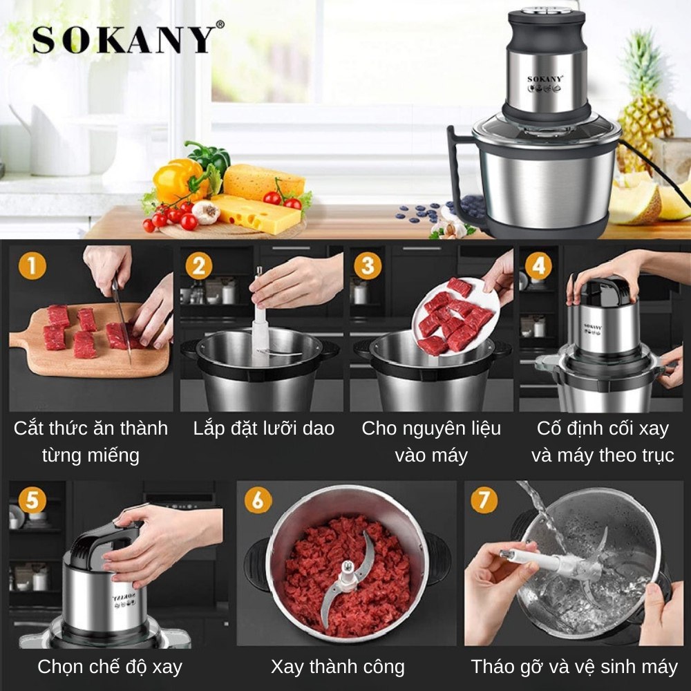 Máy xay thịt, máy xay tói ớt đa năng công suất mạnh mẽ 800W SOKANY SK-7028, dung tích 4L, cối INOX 304 - HÀNG CHÍNH HÃNG