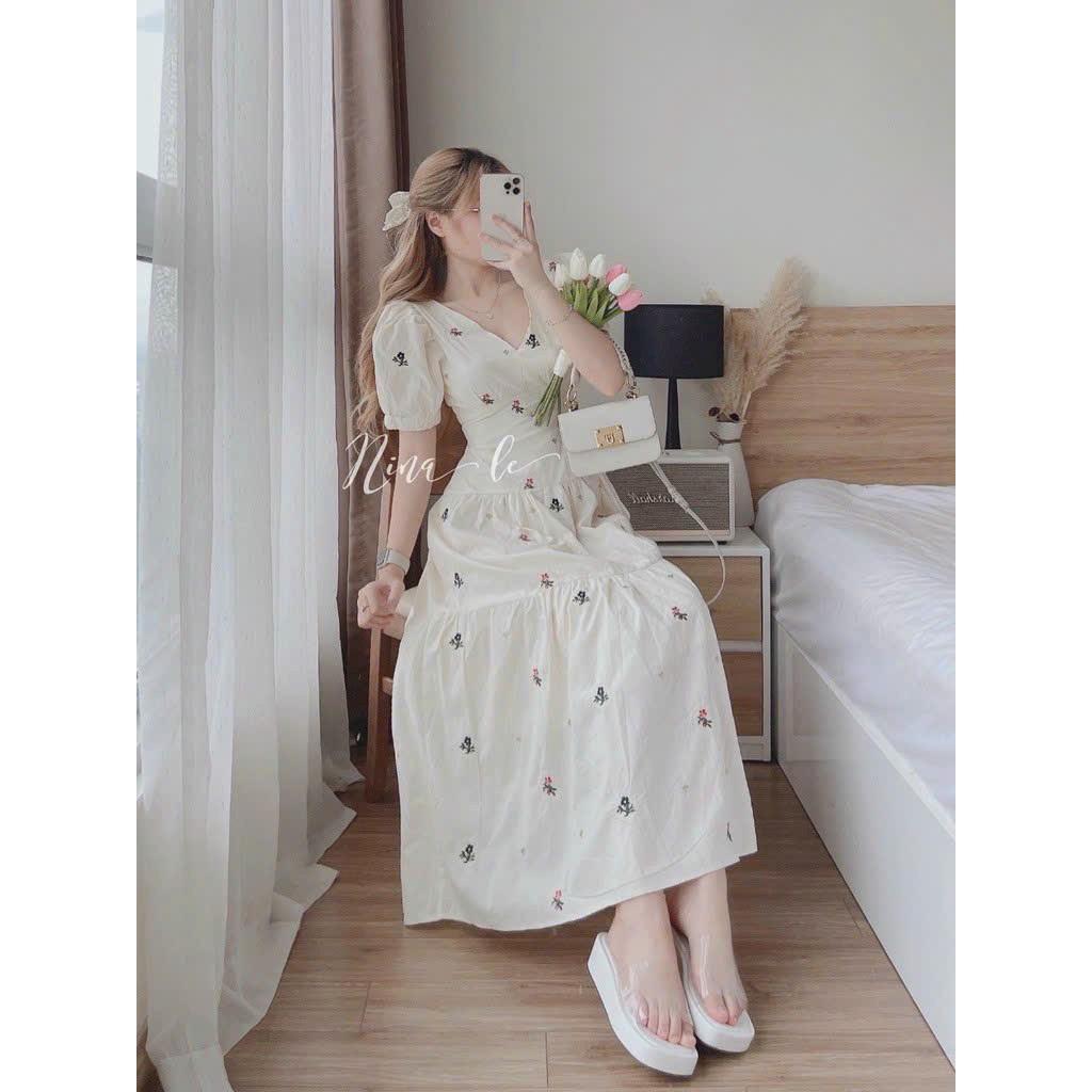 Đầm hoa midi lụa cổ tim tay phồng nhún tầng cột nơ lưng
