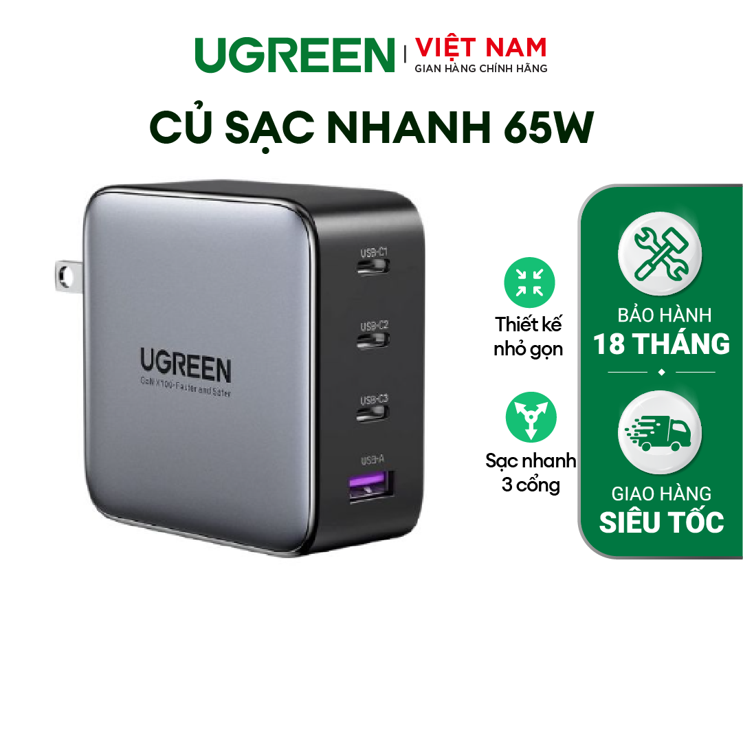 Củ sạc siêu nhanh UGREEN CD224 65W CD226 100W Sạc nhanh PD 65W QC Dòng 5A - Hàng Chính Hãng