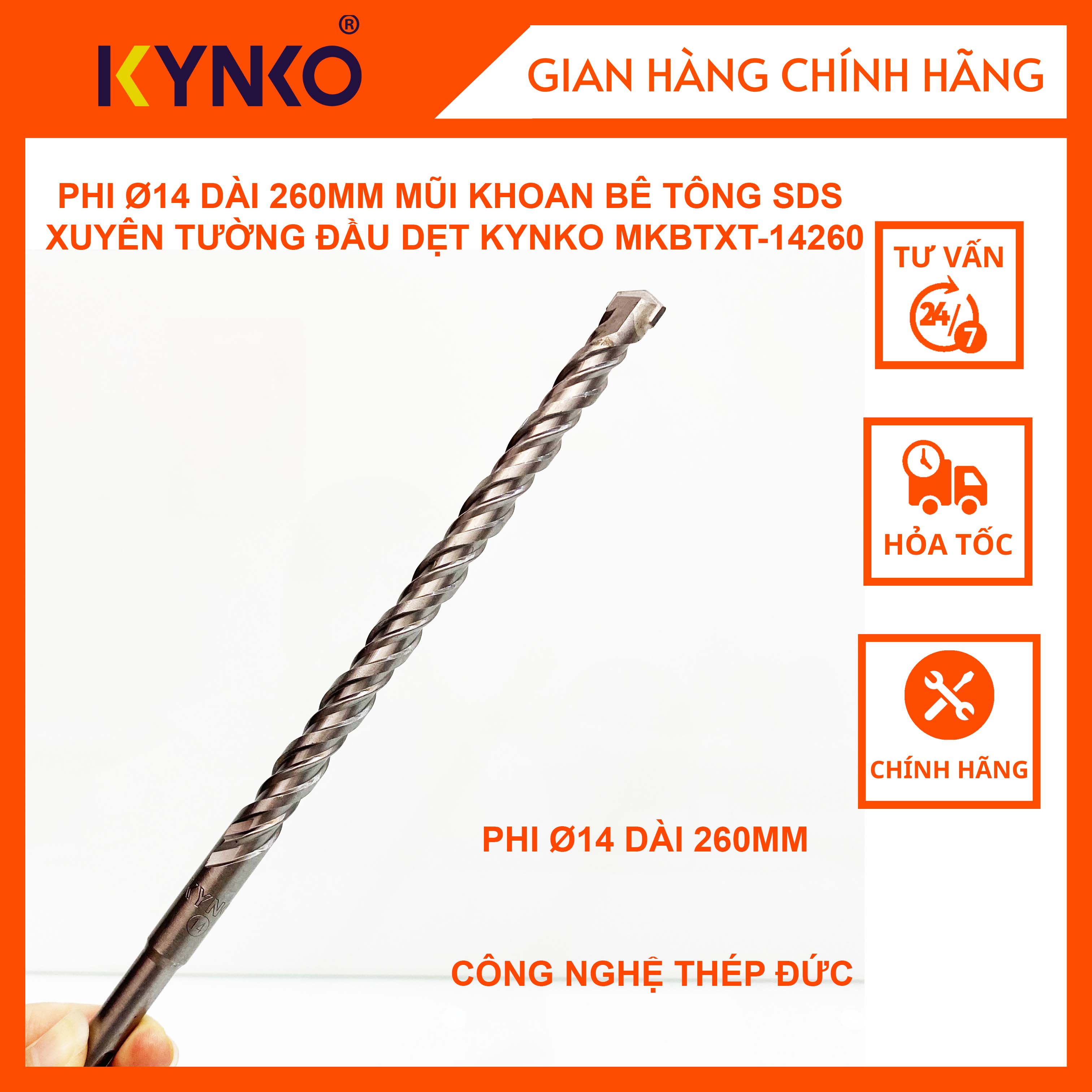 PHI Ø14 DÀI 260MM MŨI KHOAN BÊ TÔNG SDS XUYÊN TƯỜNG ĐẦU DẸT KYNKO MKBTXT-14260