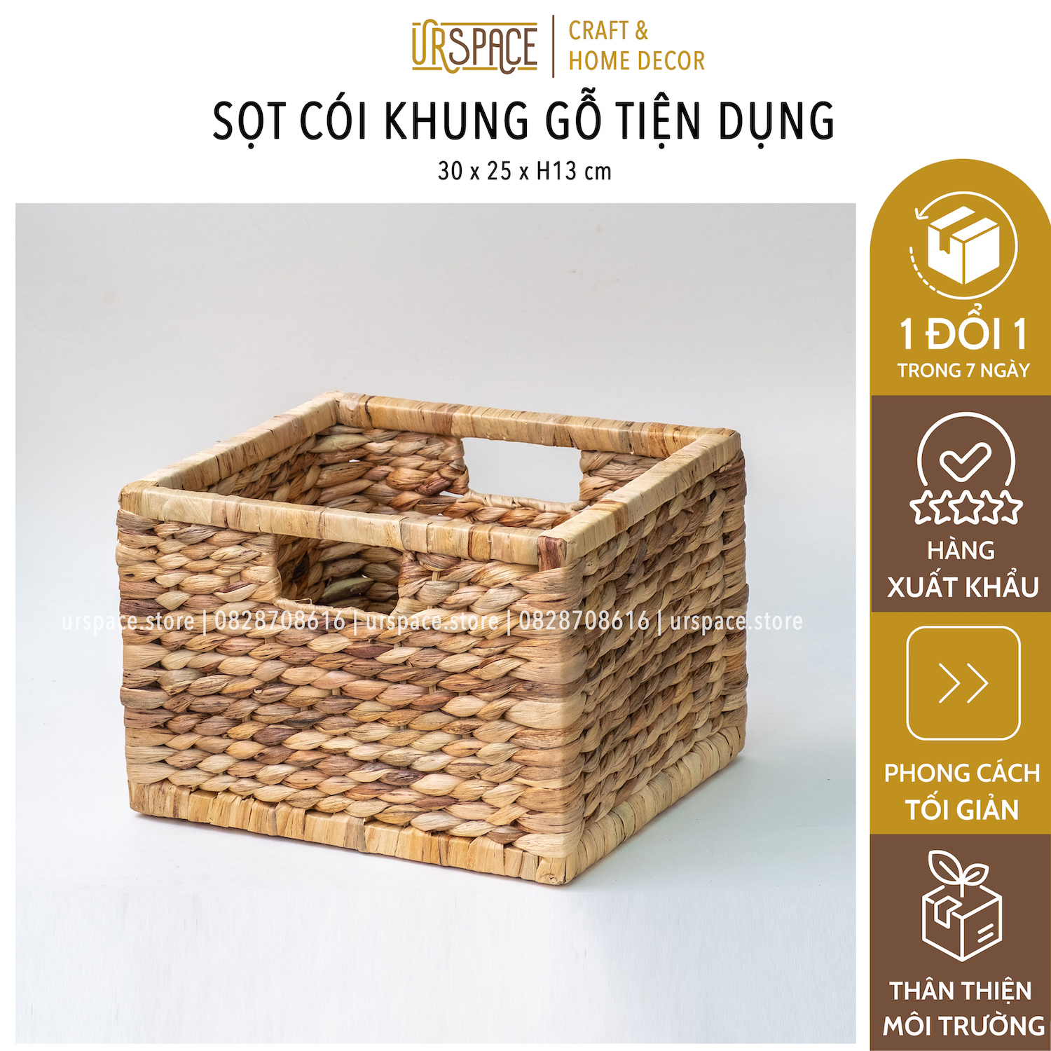 Sọt cói (lục bình) chữ nhật khung gỗ trang trí đa năng/ Hand-wowen rectangle water hyacinth storage basket for home deco