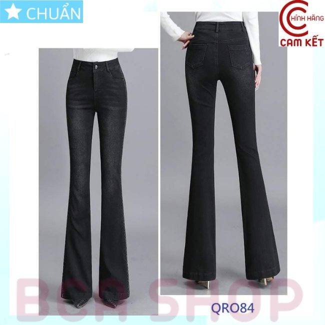 Quần jean nữ ống loe QRO84 ROSATA tại BCASHOP dáng dài cà bạc phần đùi, lưng cao 1 nút, phom chuẩn, chất liệu jean cao cấp - màu đen