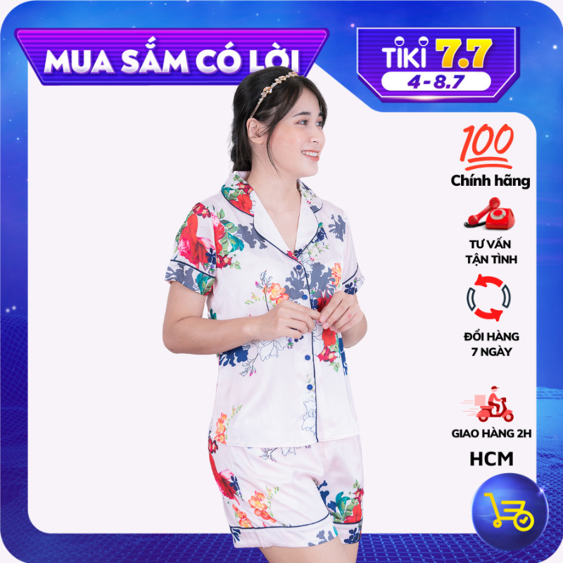 Bộ Pyjama nữ, đồ mặc nhà VILADY-B113 kiểu quần đùi tay cộc họa tiết Bông, chất liệu lụa Pháp cao cấp