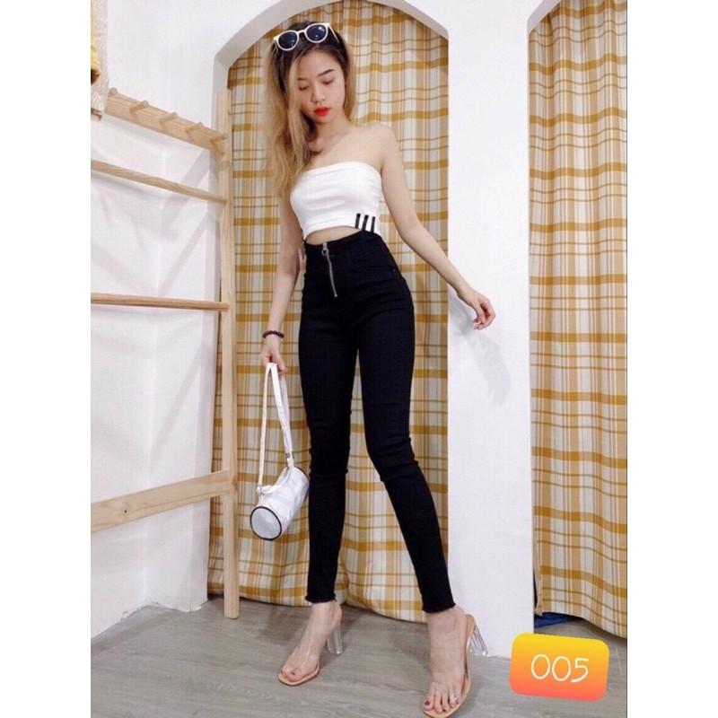 Quần jean dài giãn lưng cao kéo khoá, kèm ảnh thật