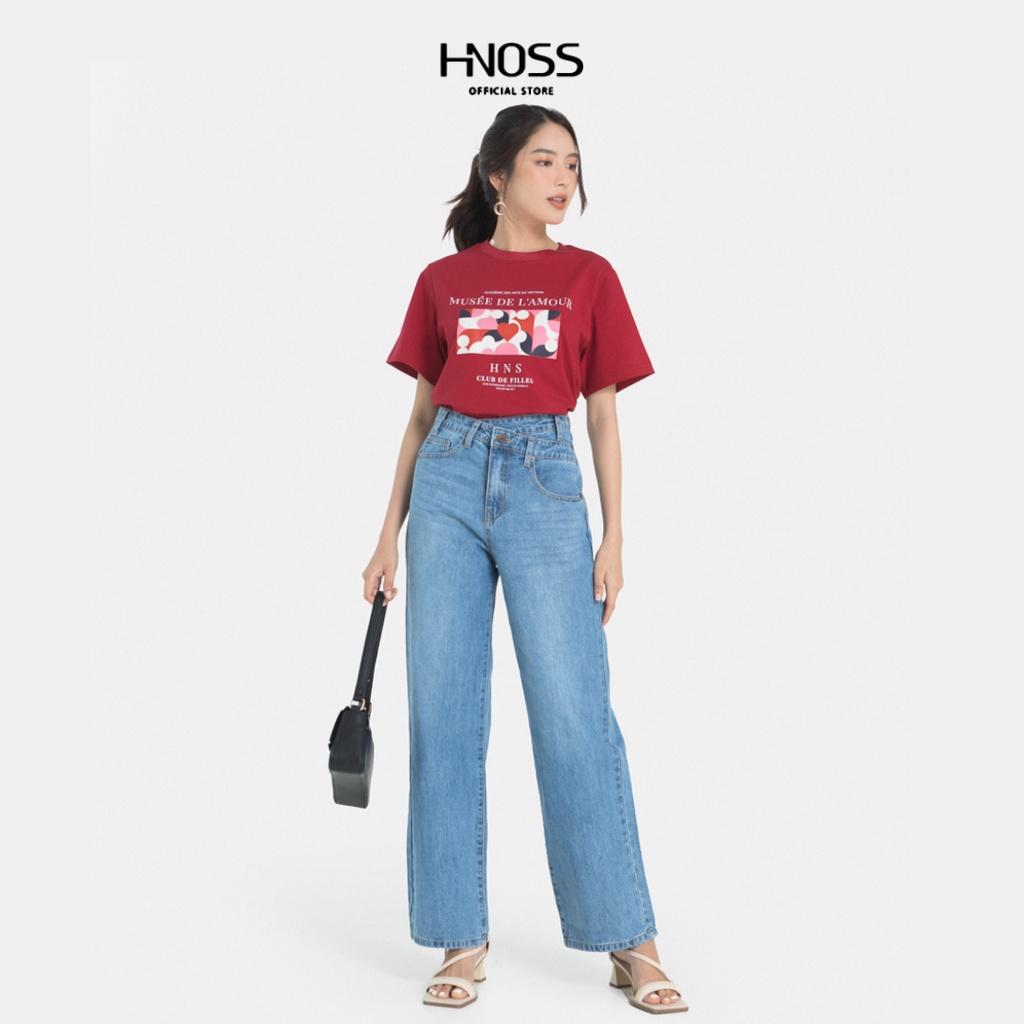 Quần jeans nữ thời trang HNOSS ống đứng lưng cài xéo HNQDA015