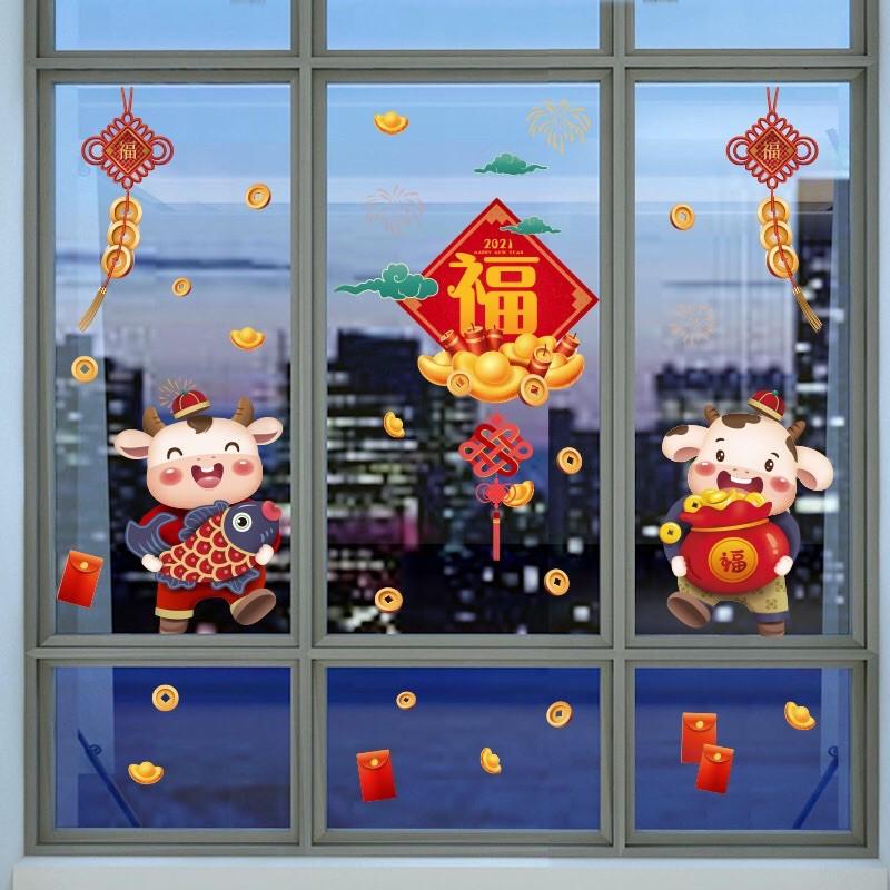 Decal trang trí Tết - 2 Bạn Trâu Sữa ôm Cá Tiền đáng yêu