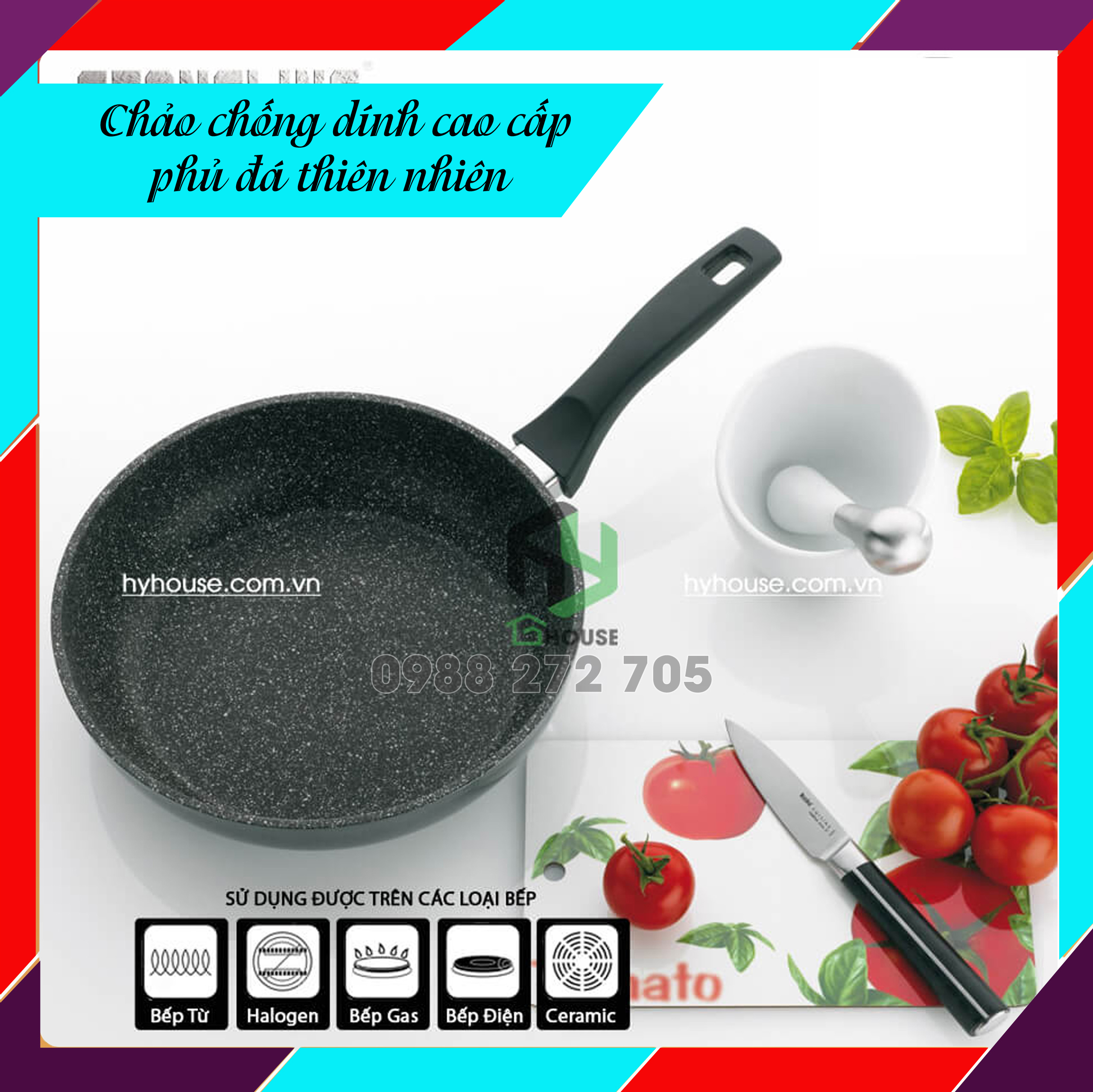 Chảo chống dính phủ đá thiên nhiên cao cấp dùng cho bếp từ - 24cm sâu