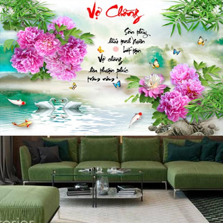 Tranh thêu vợ chồng thiên nga hoa mẫu đơn X8371 - kích thước: 63 * 43cm.