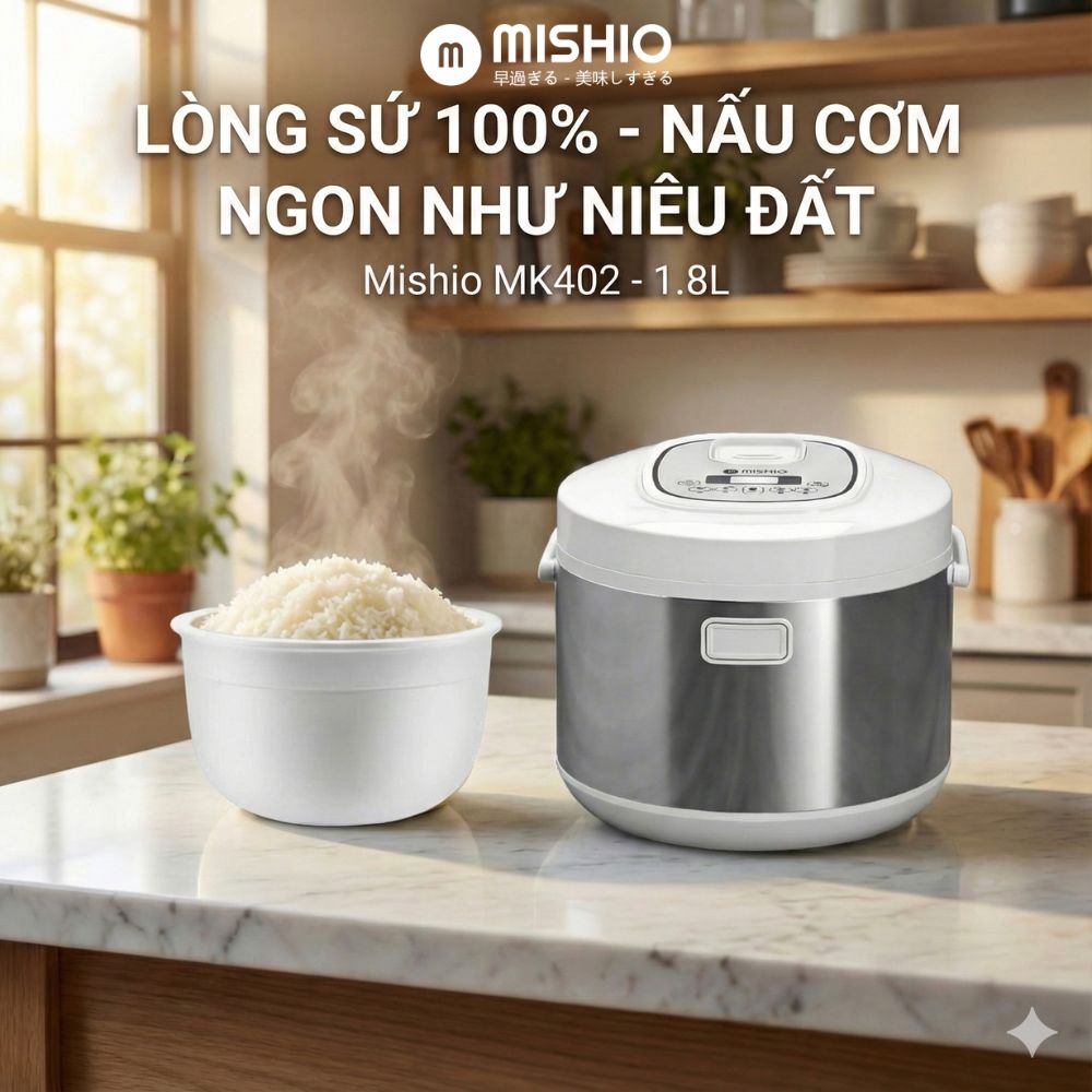 Nồi Cơm Điện Lòng Sứ 1.8Lít Mishio MK402 Không Bong Tróc Men Chống Dính Tự Nhiên - hàng chính hãng