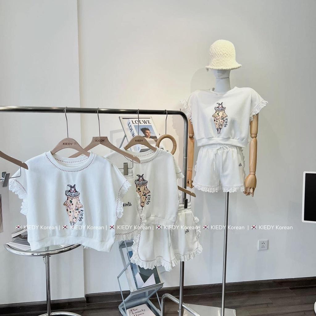 Đồ bộ đi chơi nữ Set áo croptop mix quần sooc phối viền ren bánh bèo, Áo crt tay rộng mix quần sooc viền ren cực xinh