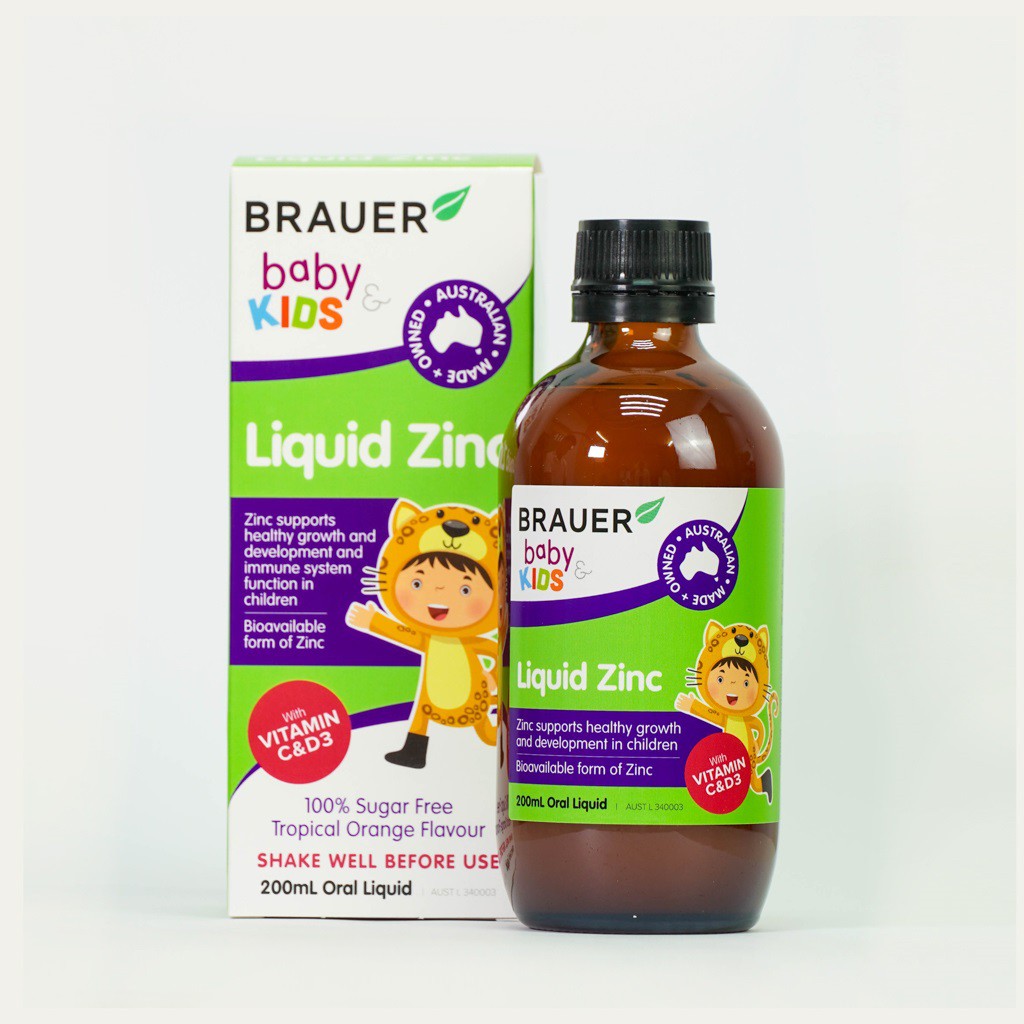 Siro bổ sung Kẽm, Vitamin C và D Brauer Úc Baby &amp; Kids Liquid Zinc cho bé trên 1 tuổi (200ml)