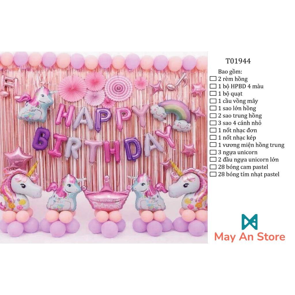 UNICORN, KÌ LÂN HỒNG - Combo bong bóng trang trí sinh nhật Happy Birthday tông hồng nhạt cho bé gái (Có đầy đủ phụ kiện)