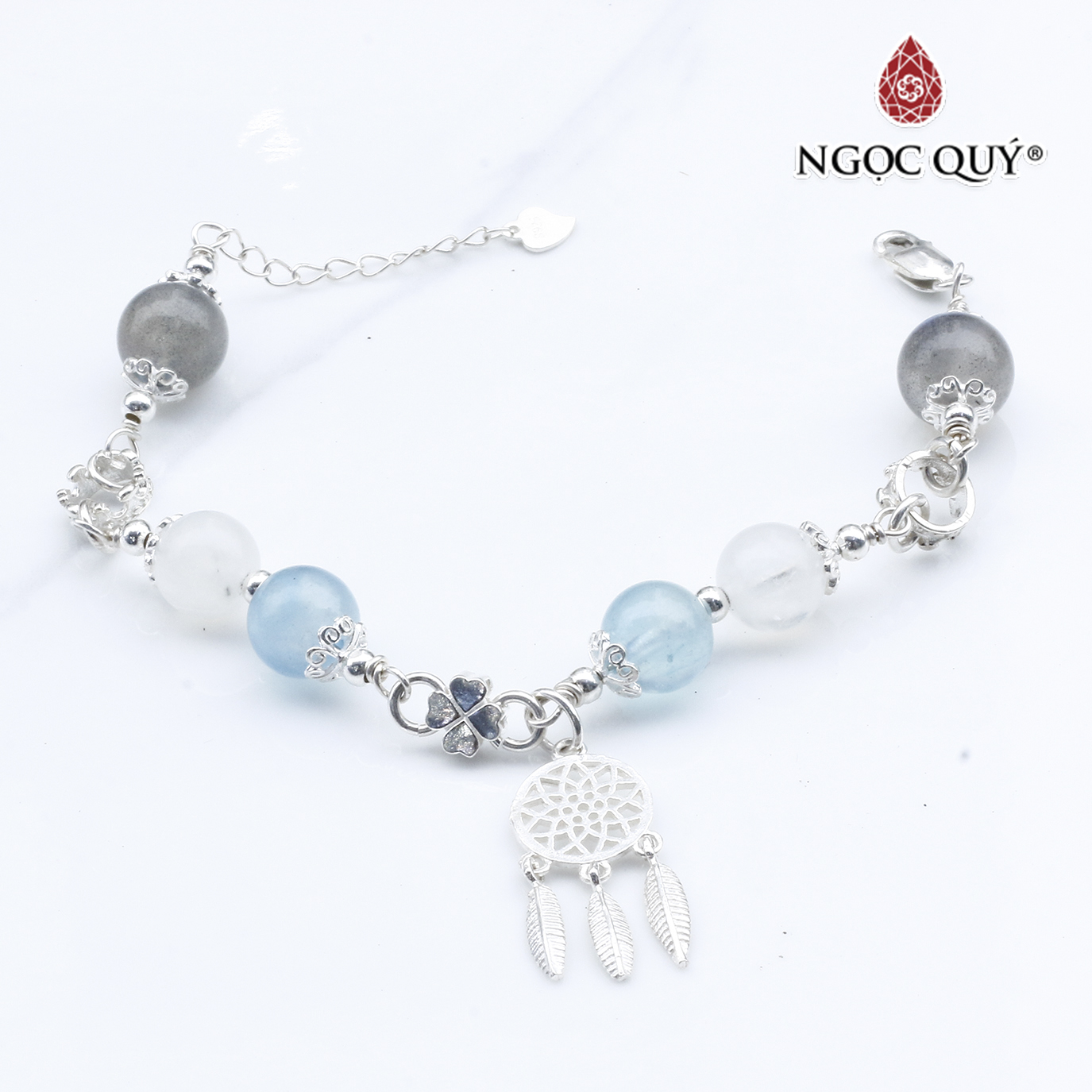 Vòng lắc bạc phối charm aquamarine và thạch anh trắng mệnh thủy, mộc - Ngọc Quý Gemstones