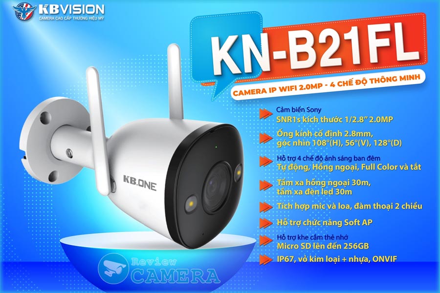 Camera IP WIFI NGOÀI TRỜI KBVISION KBONE B21FL  Full Color Đàm Thoại 2 Chiều, Ban Đêm Có Màu - Hàng Chính Hãng