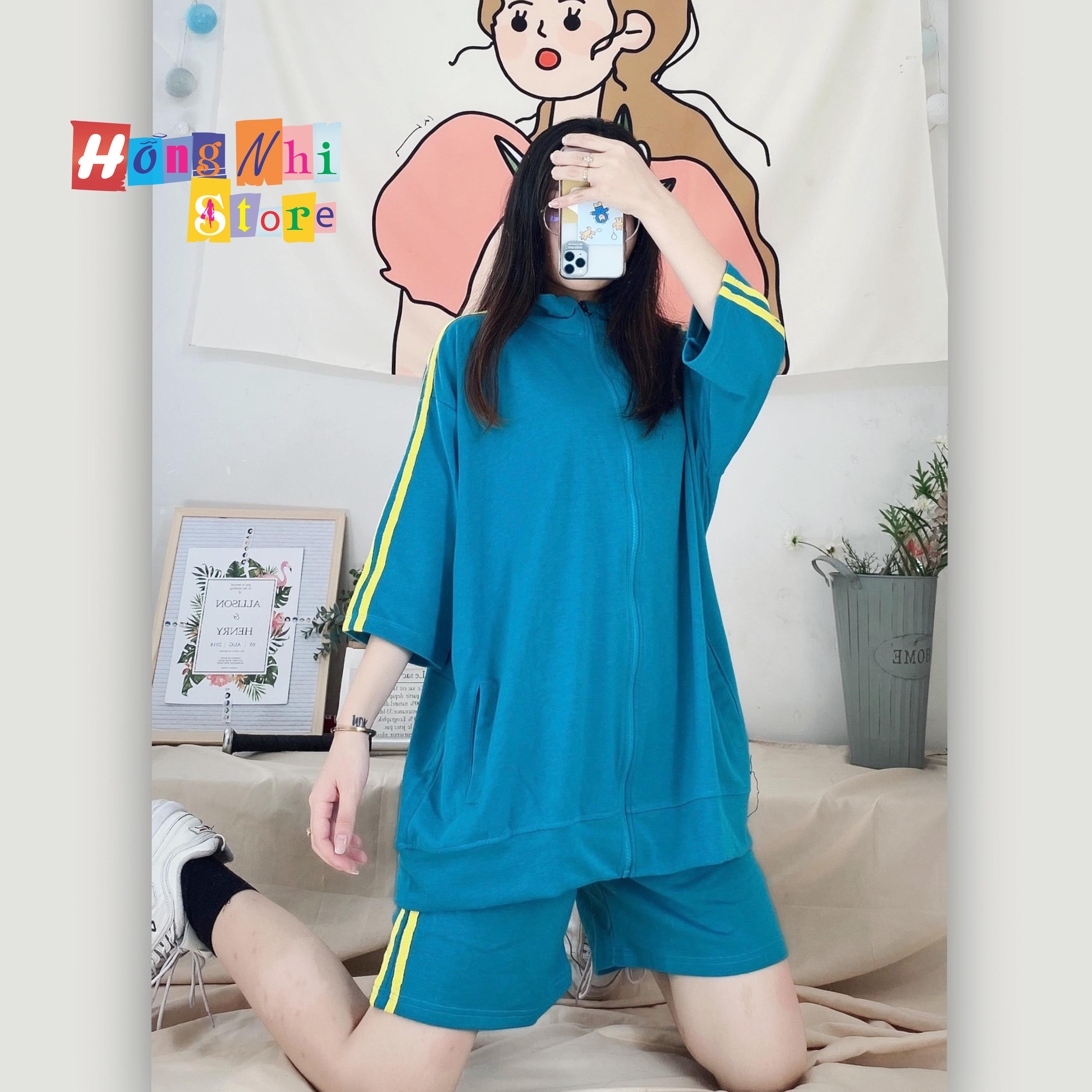 Set Bộ Thể Thao Oversize Ulzzang Unisex Áo Khoác Tay Ngắn Quần Short Màu Xanh Cao Cấp - MM - M