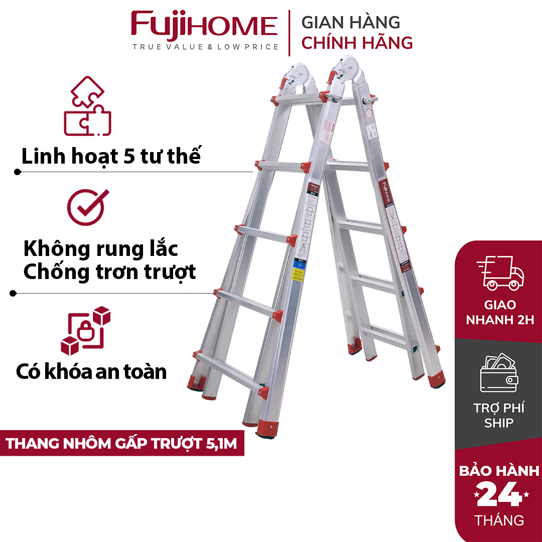 Thang nhôm gấp trượt đa năng FUJIHOME ML45, thang gấp 4 đoạn cao chữ A 2,5M, chữ I 5M, 5 kích thước sử dụng khóa chốt tự động - Hàng chính hãng