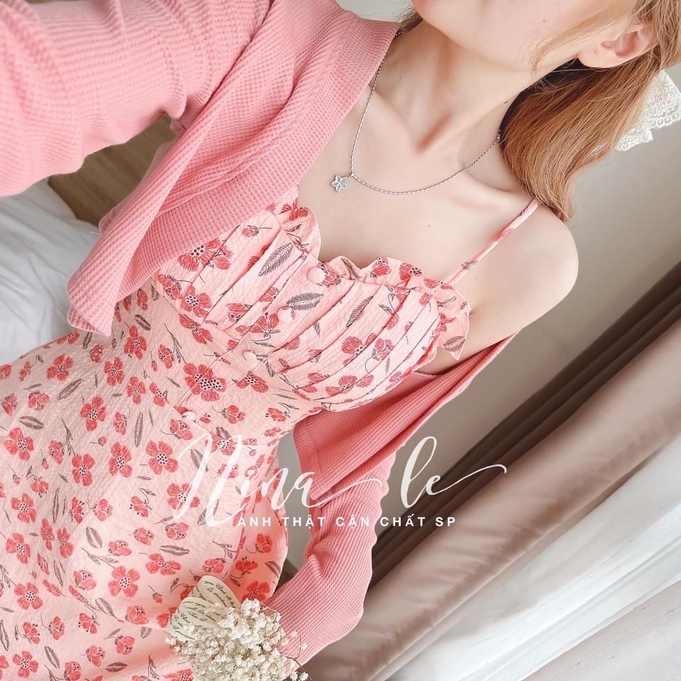 Set đầm midi hoa kèm áo khoác hồng