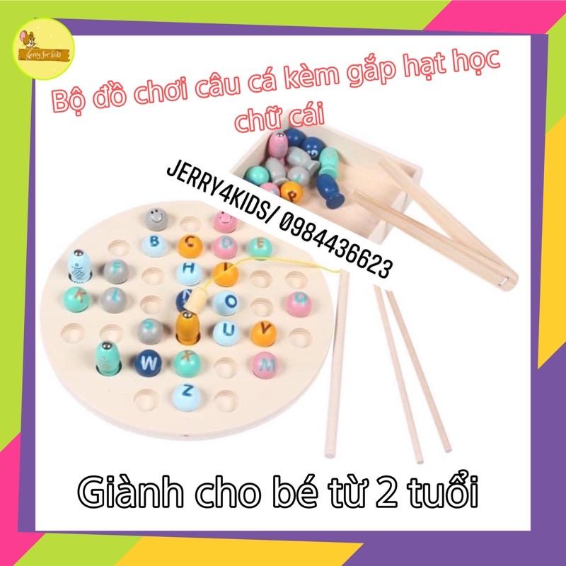 Đồ chơi trẻ em thông minh câu cá kèm gắp hạt chữ cái bằng gỗ, luyện vận động tinh và sự khéo léo cho trẻ từ 2 tuổi