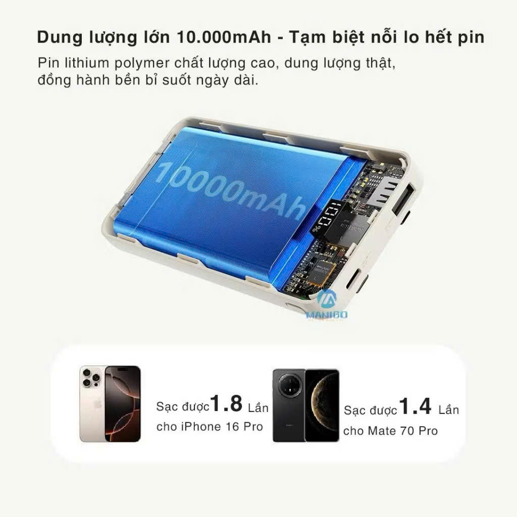 Pin sạc dự phòng Rock P55 Rockspace 10.000mAh tích hợp dây sạc - hàng chính hãng bảo hành 12 tháng