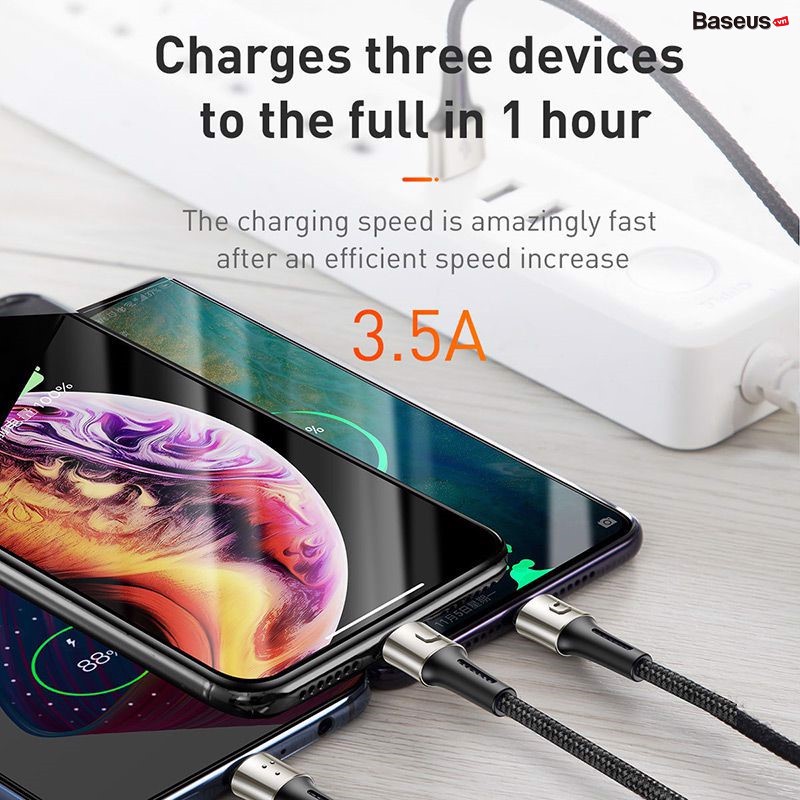 Cáp sạc và truyền dữ liệu siêu bền Baseus Caring Touch Selection 3 in 1 Cable ( USB Type A to USB Type C/ Micro USB/ Lightning 3.5A Fast Charging &amp; Sync Data Cable) - Hàng chính hãng