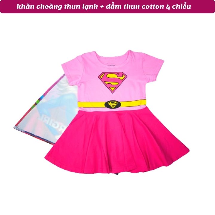 Đầm siêu nhân bé gái 11-26kg- Tặng kèm khăn choàng - thun cotton - thấm hút mồ hôi- Hình không bong tróc-Kiến Lửa