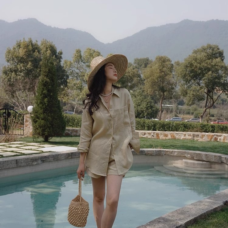 Bộ sơ mi nữ màu be nhẹ nhàng phong cách vintage Hàn Quốc, chất linen mềm mát Đũi Việt DV05