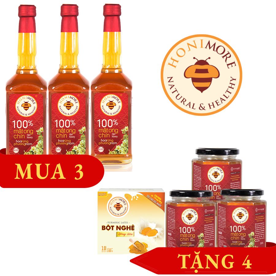 Combo 3 chai mật ong chín HONIMORE Rừng Phương nam 630g - TẶNG 3 hũ mật ong nguyên chất 360g