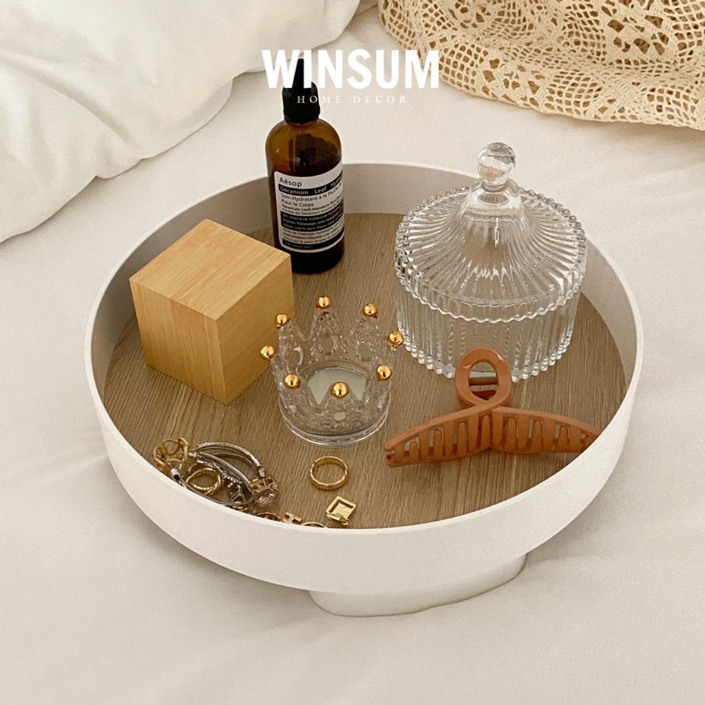 Khay tròn mặt vân gỗ đựng mỹ phẩm, nước hoa, decor phong cách Hàn Quốc - Winsum.decor