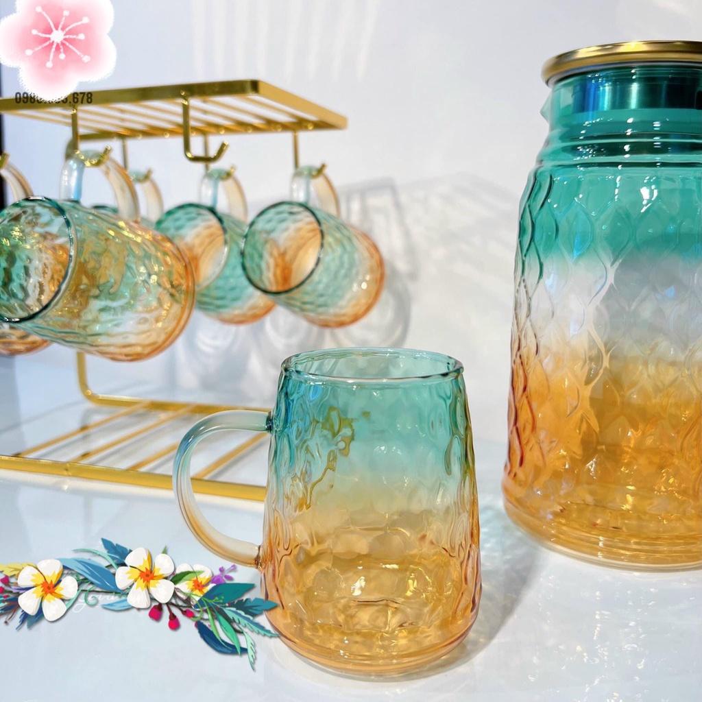 Bộ bình cốc thủy tinh chịu nhiệt lên tới 400 độ C cao cấp màu vàng xanh kèm giáp úp và khay