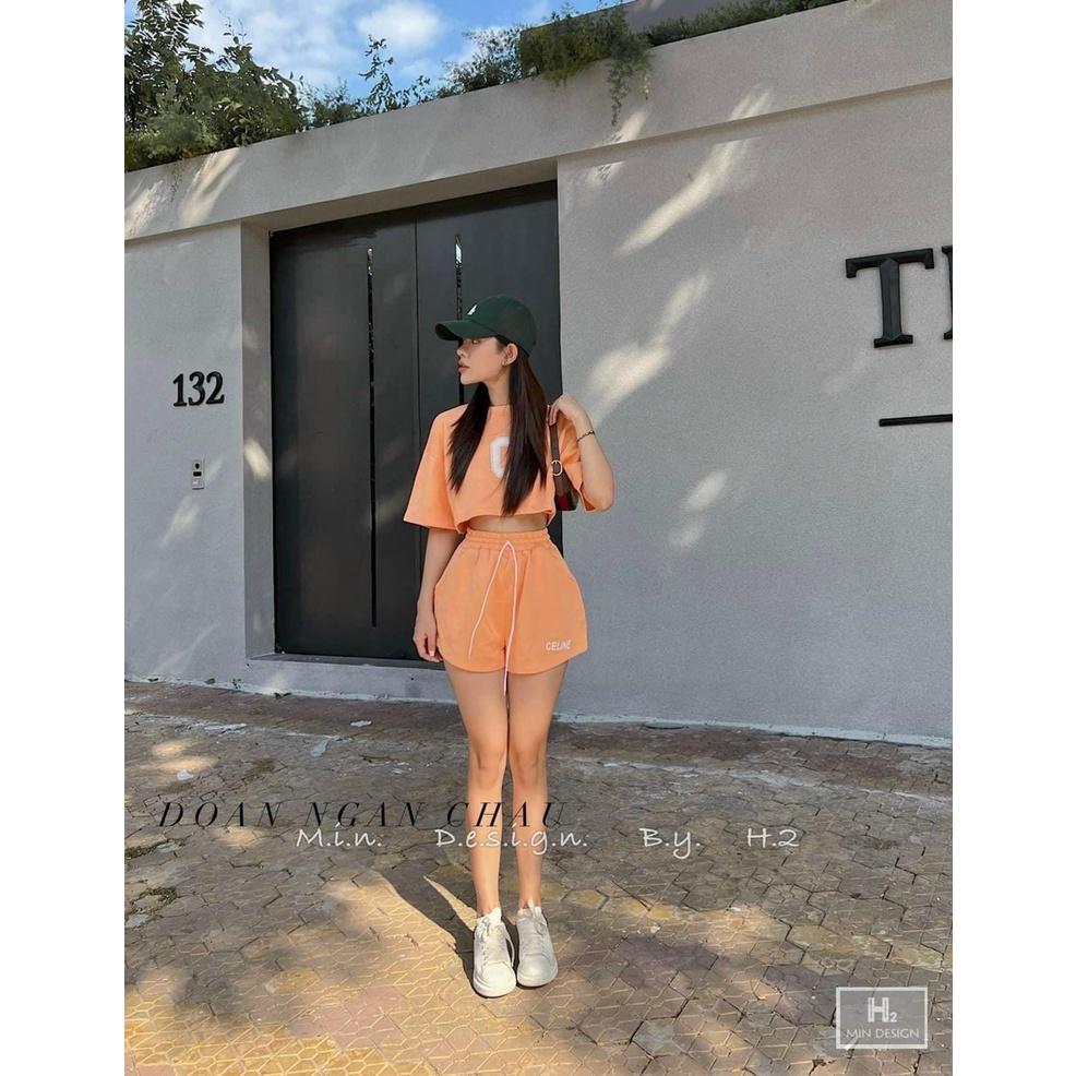 Set Quần Short + Áo Croptop CELINE Áo Croptop nữ dài tay cổ tròn, chất thun gân theo phong cách Retro Hàn Quốc