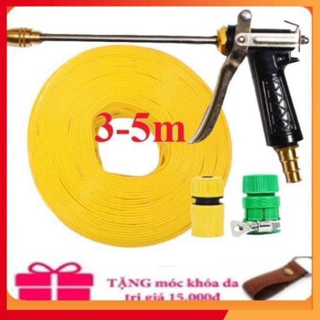 Bộ dây vòi xịt nước rửa xe, tưới cây . tăng áp 3 lần,loại 3m,5m 206318 đầu đồng,cút,nối nhựa vàng+ tặng móc khoá