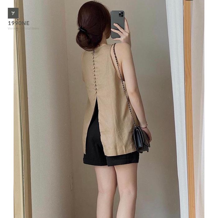 Bộ linen nữ sát nách LAHSTORE dáng yếm nút xẻ sau năng động