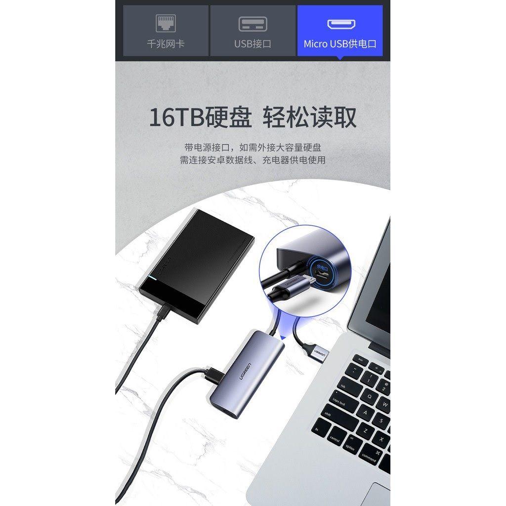 Ugreen UG60719CM252TK hub USB 3.0 ra 3*USB 3.0 + 10/100/1000 gigabit lan màu xám chất liệu nhôm cổng nguồn micro - HÀNG CHÍNH HÃNG