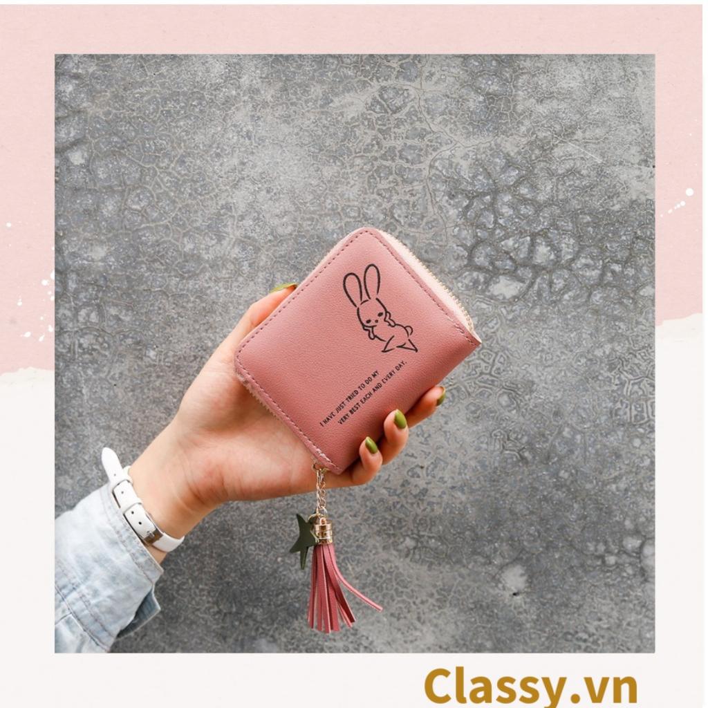 Ví gập nữ Classy mini họa tiết thỏ con, nhiều ngăn đựng thẻ, khóa dây kéo T1306