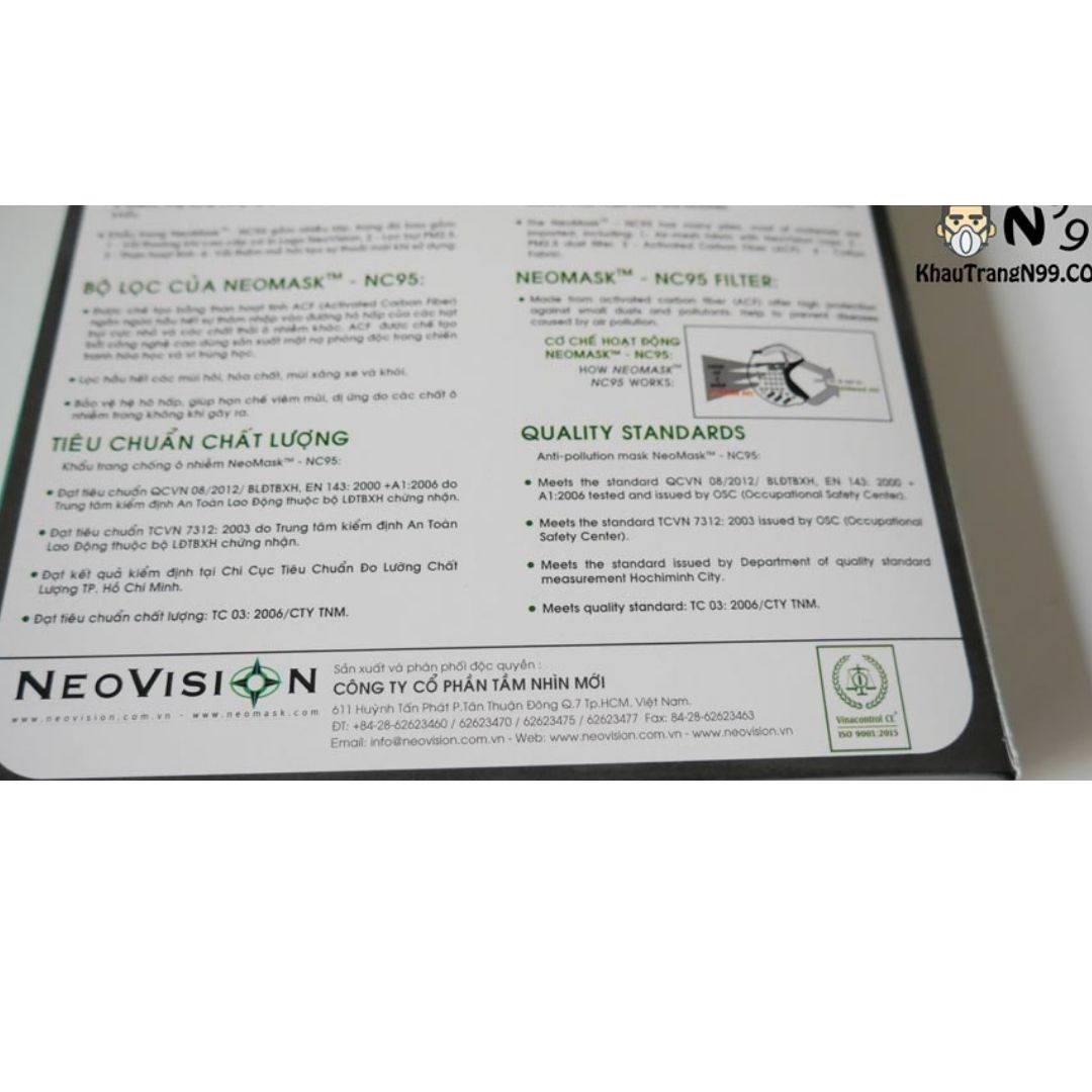 Khẩu trang than hoạt tính NeoVision - NeoMask NC95 ( chuẩn N95 - Có hộp) Chống bụi siêu mịn PM2.5, lọc khuẩn BFE 95% (Được cấp bởi Nelson Lab),  kháng khuẩn, chống giọt bắn có thể giặt tái sử dụng nhiều lần- Xanh đậm
