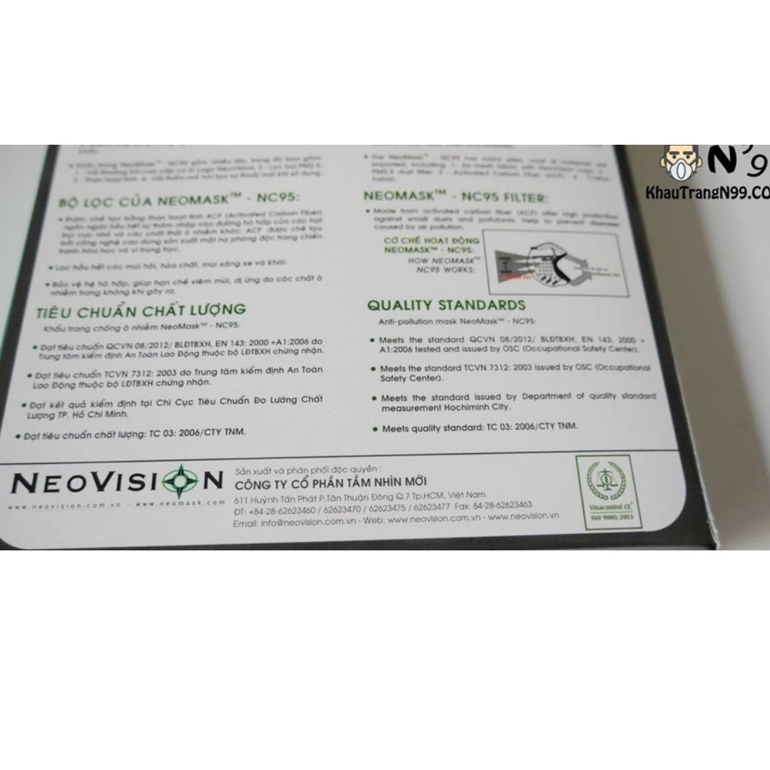 Khẩu trang than hoạt tính NeoVision - NeoMask NC95 ( chuẩn N95 - Có hộp) Chống bụi siêu mịn PM2.5, lọc khuẩn BFE &gt;95% (Được cấp bởi Nelson Lab),  kháng khuẩn, chống giọt bắn có thể giặt tái sử dụng nhiều lần- Xanh đậm