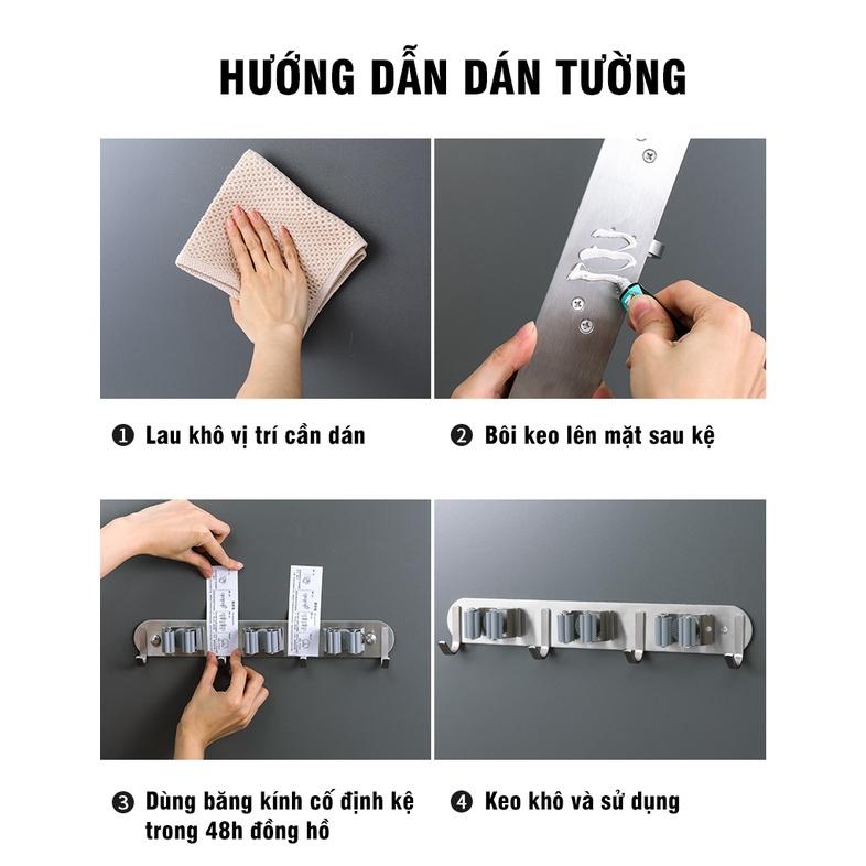 Móc treo chổi lau nhà inox 304 sử dụng keo dán tường siêu dính hoặc khoan tường chịu lưc 10kg