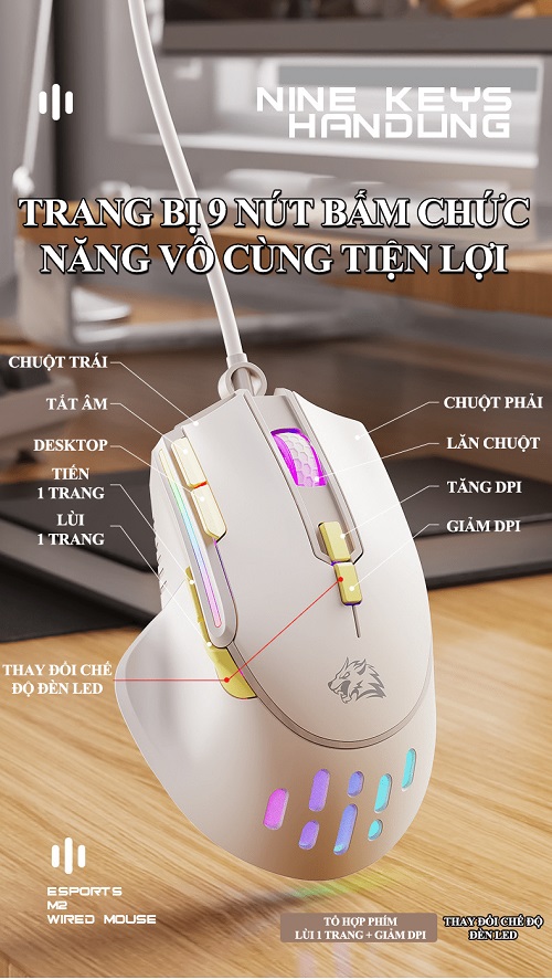 CHUỘT CHƠI GAME CÓ DÂY M2 TRANG BỊ 9 NÚT BẤM TIỆN LỢI KÈM THEO ĐÈN LED RGB VỚI TỐC ĐỘ CHUỘT LÊN ĐẾN 12800DPI - JL