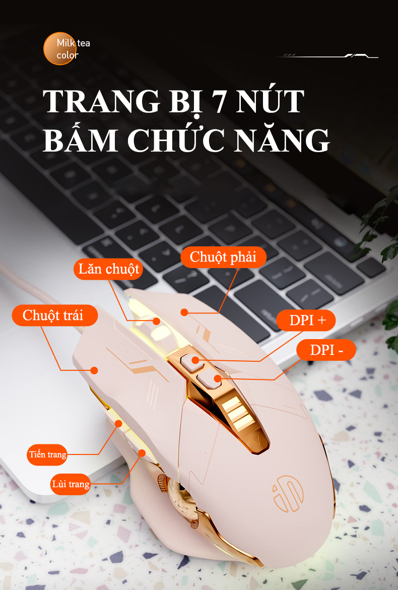 Combo bàn phím và chuột có dây chuyên game INPHIC K8 + PW5N có led thiết kế màu trà sữa dành cho các nữ game thủ - Hàng Chính Hãng