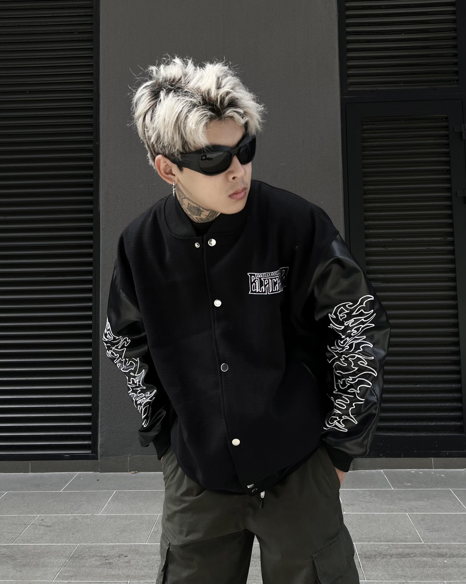 Áo khoác Bomber tay da Black Wide , varsity jacket nam nữ chất dạ 2 lớp , áo khoác bóng chày local brand unisex - Gin Store