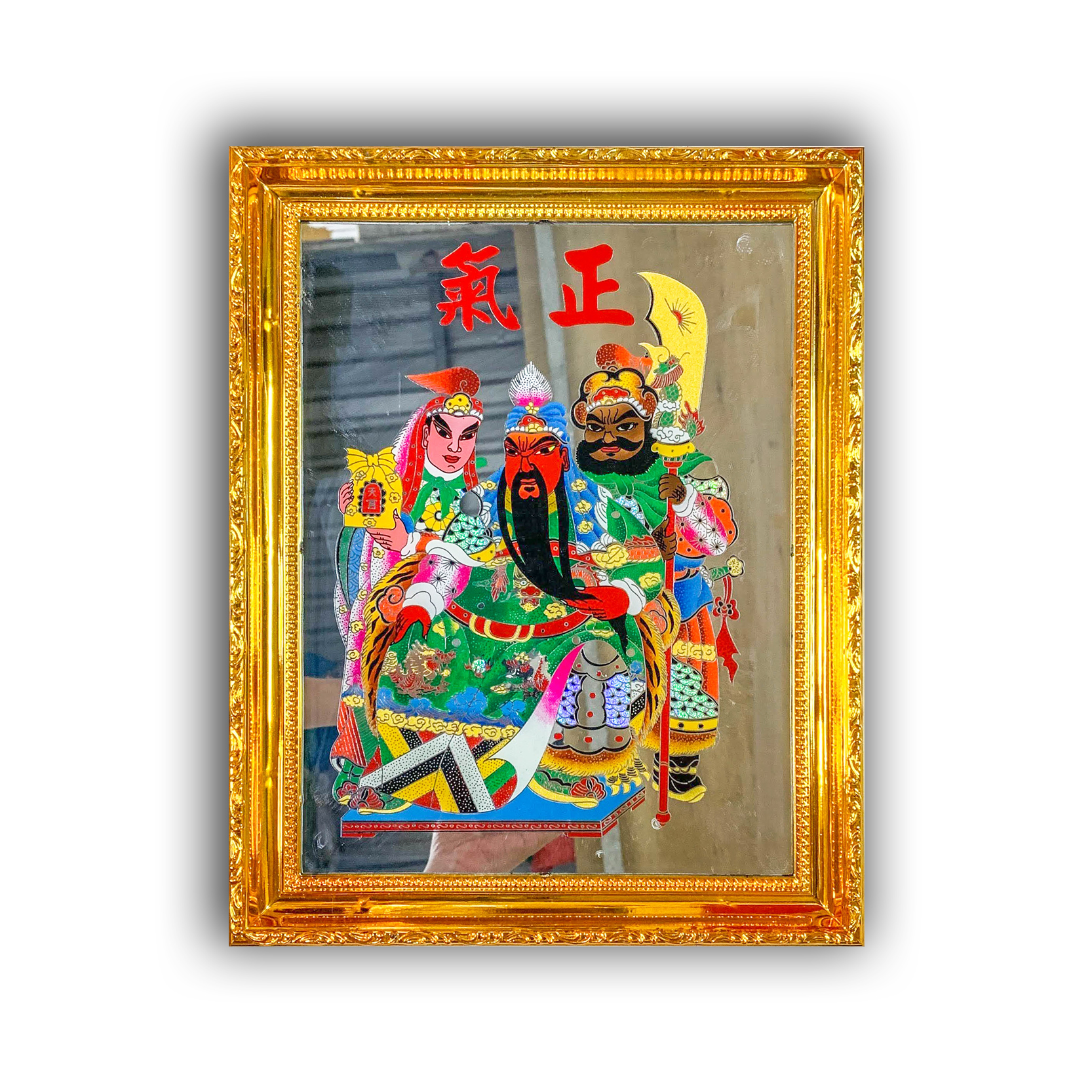 tranh kiếng thờ Quan công (tam thánh) cầm đao tay trái - khung nhựa cứng mạ xi