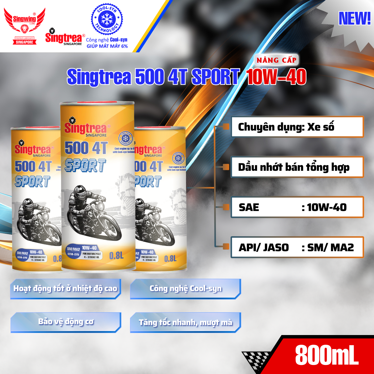 - Nhớt xe máy Singtrea 500 Sport 4T 10W40 Lon 0.8L
