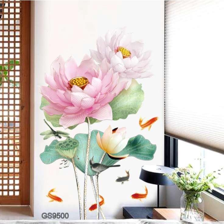 Decal Hoa Sen Và Cá – GS9500. Trang trí, dán tường, đồ vật thêm sinh động.
