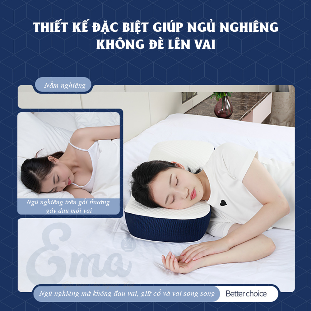 Gối cao su non công thái học chống đau vai ngáy, ngủ ngáy, hỗ trợ ngủ nhanh EMA- Thiết kế riêng biệt cho tư thế nằm ngửa và nằm nghiêng