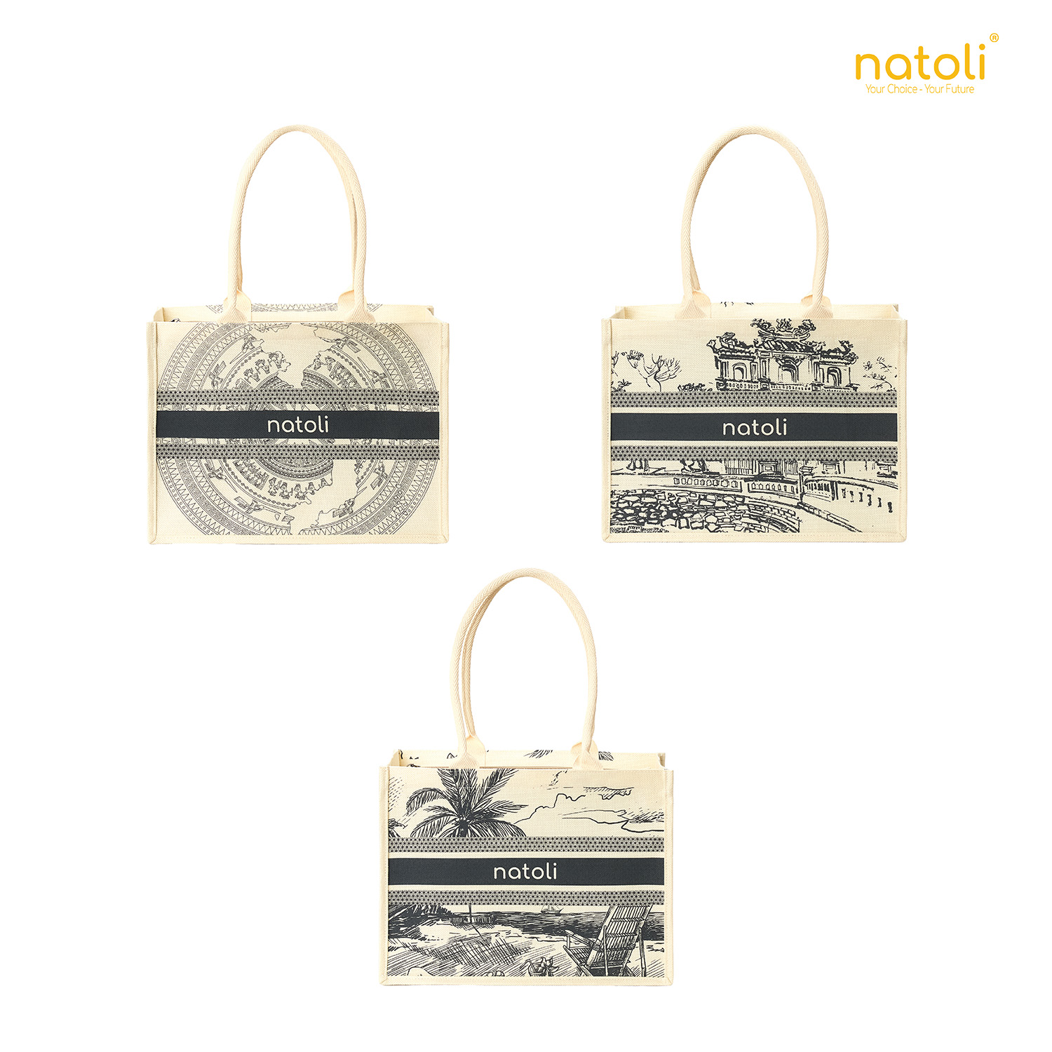 Túi cói vintage, túi đi biển NATOLI đi du lịch, đi chơi có khóa kéo đựng đồ tiện lợi BST Artisan Eco Jute Tote T36