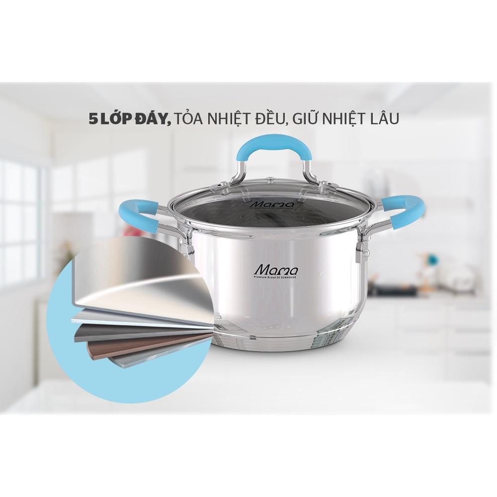 Bộ nồi chảo Inox 5 đáy Sunhouse MAMA SHG506, Bộ nồi gồm 4 món, Chất liệu inox 304 cao cấp, Xuất xứ Việt Nam