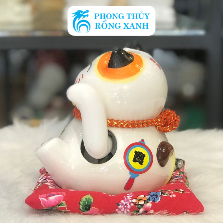 Mèo Thần Tài-Mèo May Mắn Chiêu Tài Đón Khách-Mèo Cầm Thỏi Vàng Vẫy Tay 16cm-Gốm Sứ Cao Cấp