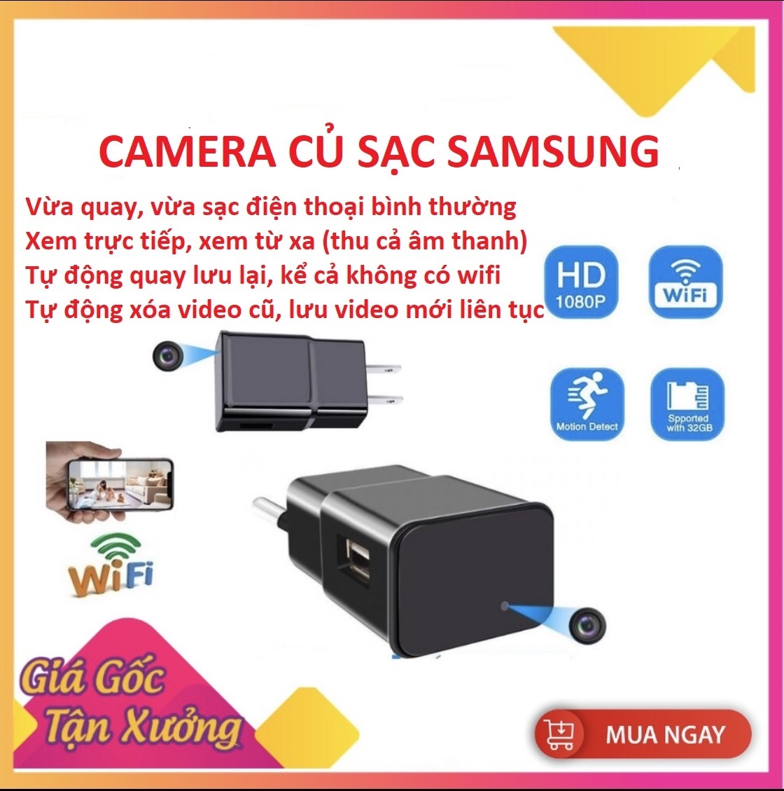 Camera mini wifi hình cốc sạc, quay FULL HD, xem từ xa